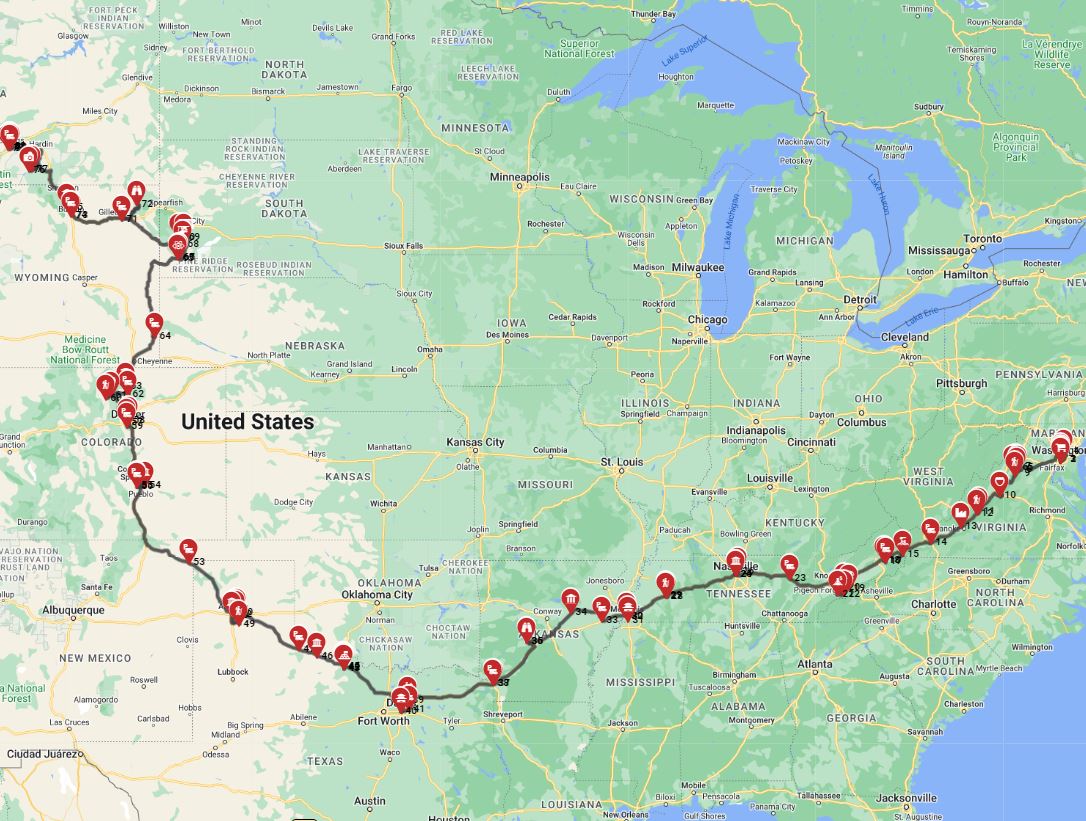 Map for Washington DC to Billings